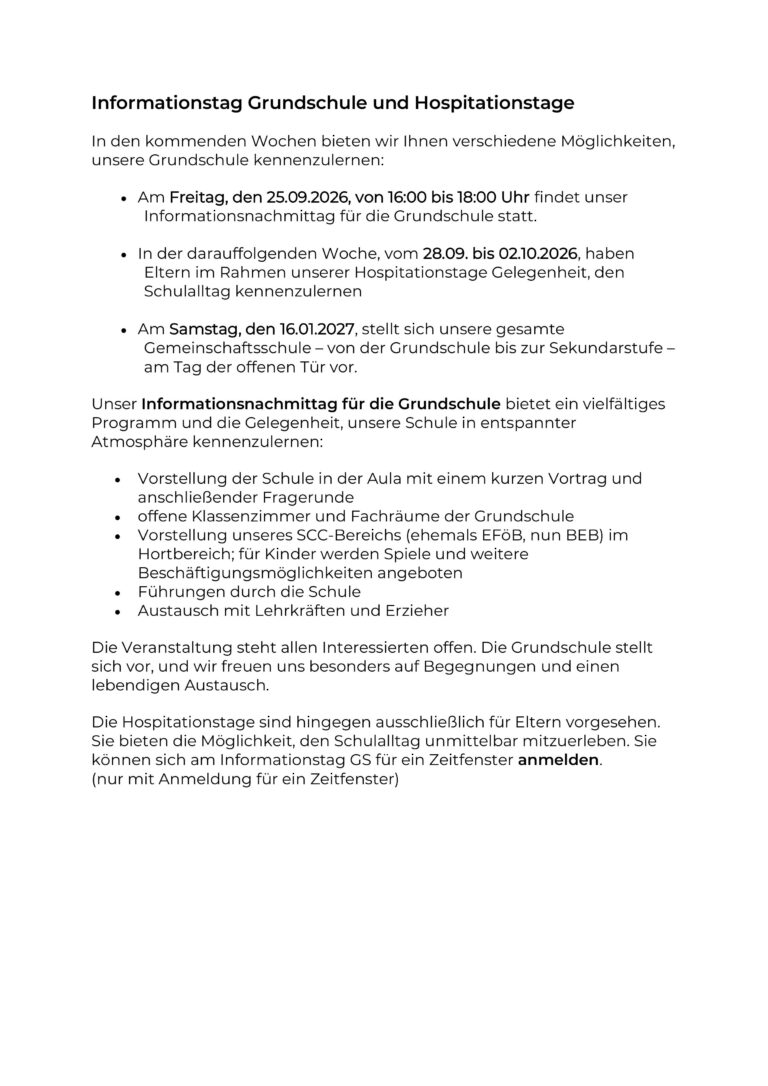 Informationstag Grundschule und Hospitationstage